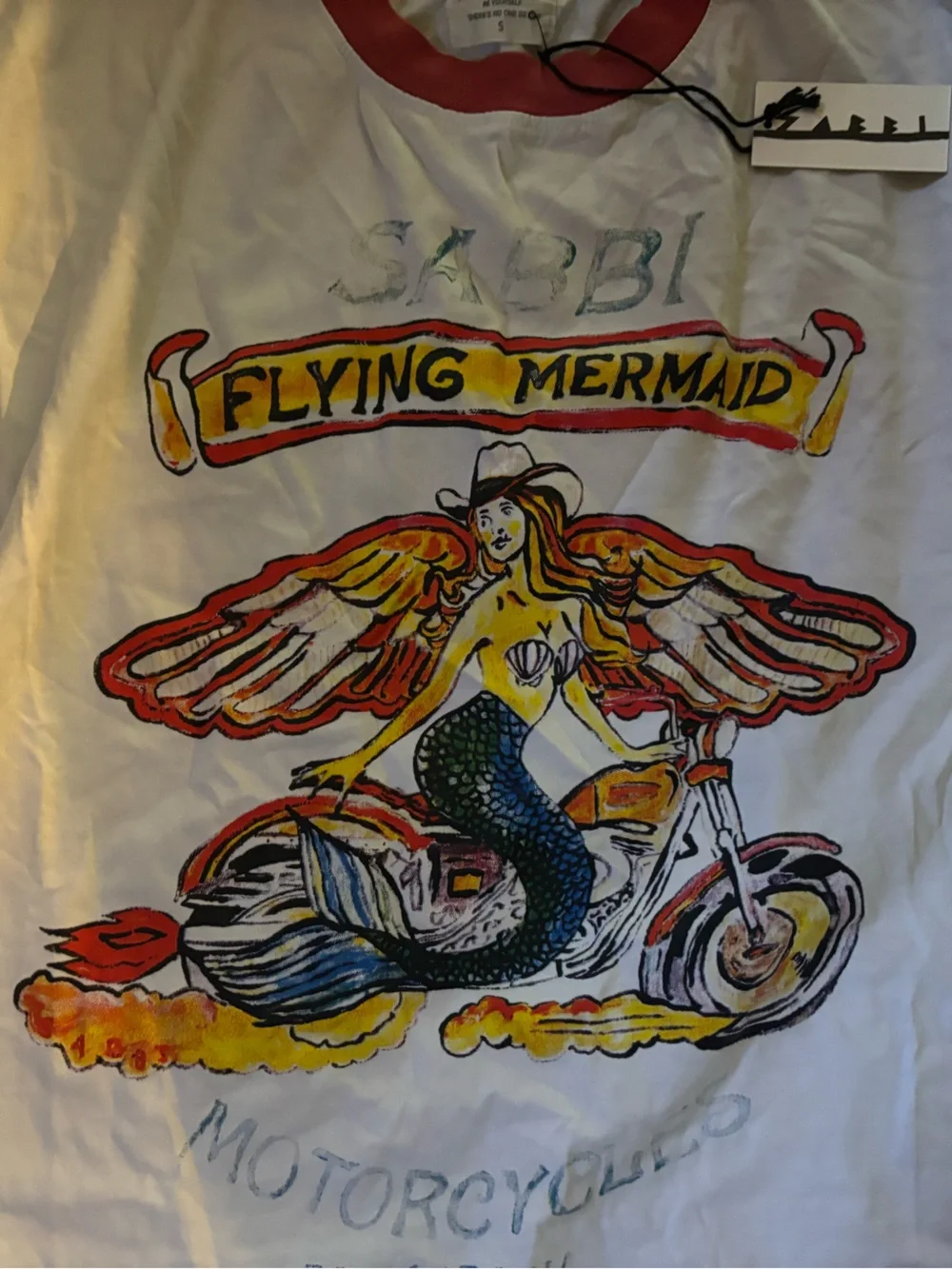 Flying Mermaid Graphic Ringer Tee - White with Red & Blue Accents-SABBI - Picture 2 of 5